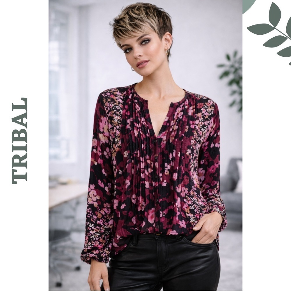 Tribal Jeans Port Wine Floral Pleated Blouse Small